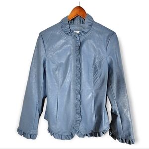 Hot in Hollywood Vegan Blue Faux Leather Jacket Ruffles Size Small